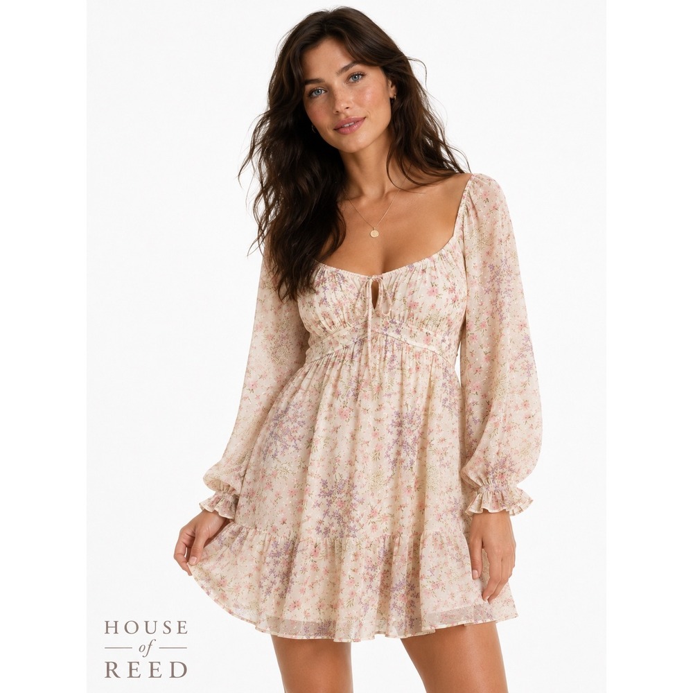 Mi Ami Floral Clip Dot Mini Dress Cream Pink Long Sleeve Empire Waist Large